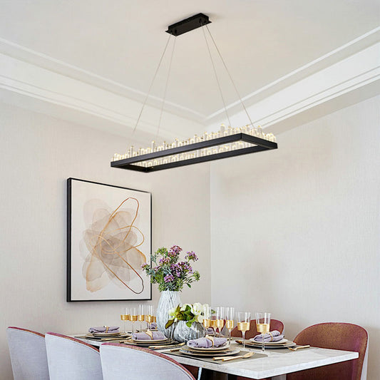 Black Rectangular Pendant Chandelier Modern Crystal Pendant Light Fixture in White/Warm Light for Dining Room, 23.5"/31.5"/39" Wide Black Clearhalo 'Ceiling Lights' 'Chandeliers' 'Modern Chandeliers' 'Modern' Lighting' 114555