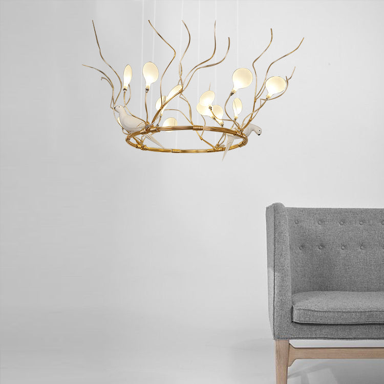 Metal Ring Hanging Chandelier Light Lodge LED Gold Pendant Lamp with Acrylic Shade and Bird Accent, Warm/White Light Gold White Clearhalo 'Ceiling Lights' 'Chandeliers' 'Modern Chandeliers' 'Modern' Lighting' 114703