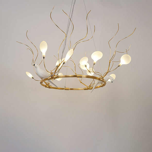 Metal Ring Hanging Chandelier Light Lodge LED Gold Pendant Lamp with Acrylic Shade and Bird Accent, Warm/White Light Gold Warm Clearhalo 'Ceiling Lights' 'Chandeliers' 'Modern Chandeliers' 'Modern' Lighting' 114704