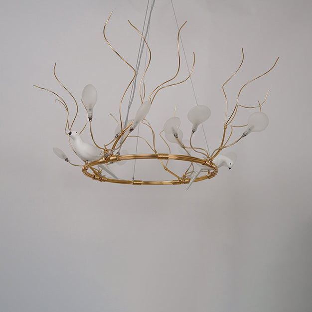 Metal Ring Hanging Chandelier Light Lodge LED Gold Pendant Lamp with Acrylic Shade and Bird Accent, Warm/White Light Clearhalo 'Ceiling Lights' 'Chandeliers' 'Modern Chandeliers' 'Modern' Lighting' 114705