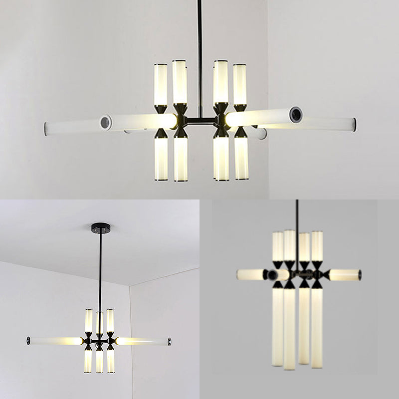 Cylinder Hanging Chandelier Contemporary Metal 9/12/18 Lights Black Pendant Lamp with White/Chrome/Amber Glass Shade Clearhalo 'Ceiling Lights' 'Chandeliers' 'Glass shade' 'Glass' 'Modern Chandeliers' 'Modern' Lighting' 115024