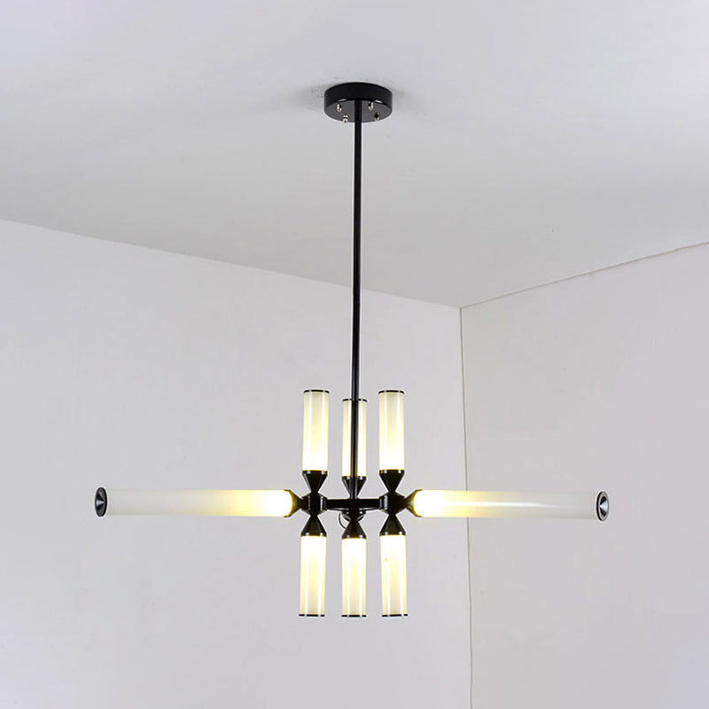 Cylinder Hanging Chandelier Contemporary Metal 9/12/18 Lights Black Pendant Lamp with White/Chrome/Amber Glass Shade 9 White Clearhalo 'Ceiling Lights' 'Chandeliers' 'Glass shade' 'Glass' 'Modern Chandeliers' 'Modern' Lighting' 115025