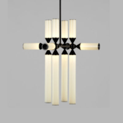 Cylinder Hanging Chandelier Contemporary Metal 9/12/18 Lights Black Pendant Lamp with White/Chrome/Amber Glass Shade 12 White Clearhalo 'Ceiling Lights' 'Chandeliers' 'Glass shade' 'Glass' 'Modern Chandeliers' 'Modern' Lighting' 115026