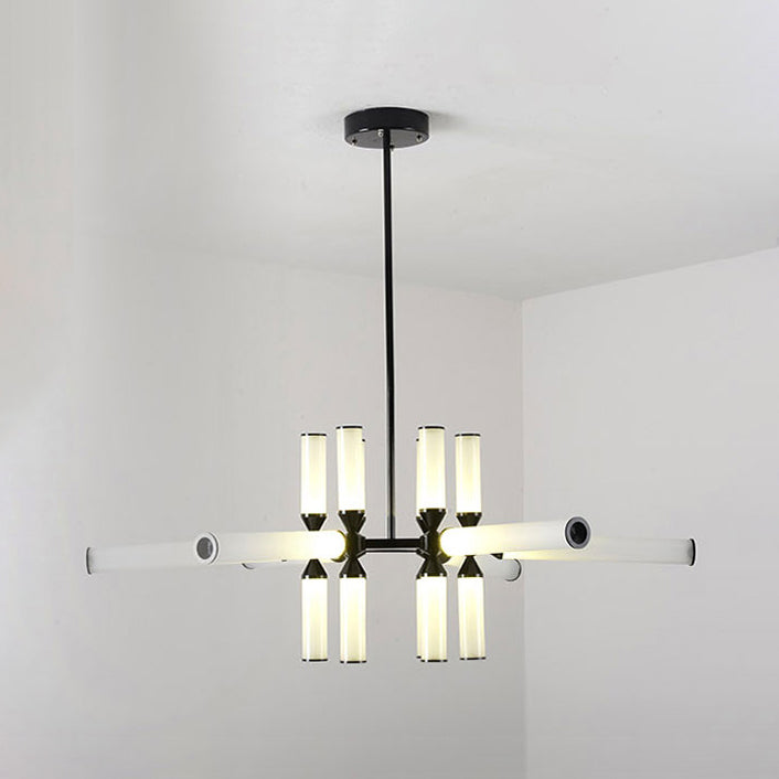 Cylinder Hanging Chandelier Contemporary Metal 9/12/18 Lights Black Pendant Lamp with White/Chrome/Amber Glass Shade 18 White Clearhalo 'Ceiling Lights' 'Chandeliers' 'Glass shade' 'Glass' 'Modern Chandeliers' 'Modern' Lighting' 115027