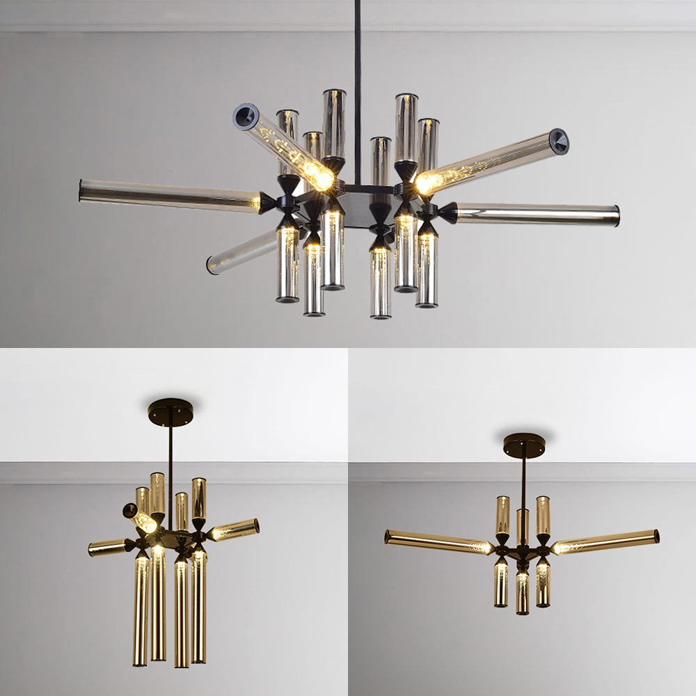 Cylinder Hanging Chandelier Contemporary Metal 9/12/18 Lights Black Pendant Lamp with White/Chrome/Amber Glass Shade Clearhalo 'Ceiling Lights' 'Chandeliers' 'Glass shade' 'Glass' 'Modern Chandeliers' 'Modern' Lighting' 115028