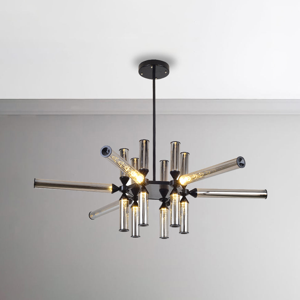 Cylinder Hanging Chandelier Contemporary Metal 9/12/18 Lights Black Pendant Lamp with White/Chrome/Amber Glass Shade 18 Chrome Clearhalo 'Ceiling Lights' 'Chandeliers' 'Glass shade' 'Glass' 'Modern Chandeliers' 'Modern' Lighting' 115030