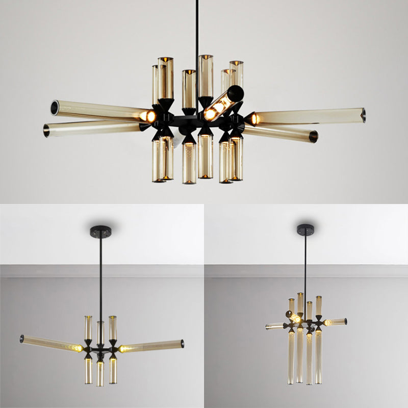 Cylinder Hanging Chandelier Contemporary Metal 9/12/18 Lights Black Pendant Lamp with White/Chrome/Amber Glass Shade Clearhalo 'Ceiling Lights' 'Chandeliers' 'Glass shade' 'Glass' 'Modern Chandeliers' 'Modern' Lighting' 115032