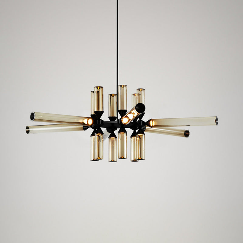 Cylinder Hanging Chandelier Contemporary Metal 9/12/18 Lights Black Pendant Lamp with White/Chrome/Amber Glass Shade 18 Amber Clearhalo 'Ceiling Lights' 'Chandeliers' 'Glass shade' 'Glass' 'Modern Chandeliers' 'Modern' Lighting' 115033