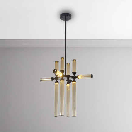 Cylinder Hanging Chandelier Contemporary Metal 9/12/18 Lights Black Pendant Lamp with White/Chrome/Amber Glass Shade 12 Amber Clearhalo 'Ceiling Lights' 'Chandeliers' 'Glass shade' 'Glass' 'Modern Chandeliers' 'Modern' Lighting' 115034