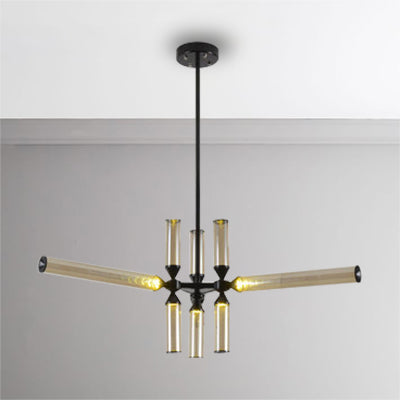 Cylinder Hanging Chandelier Contemporary Metal 9/12/18 Lights Black Pendant Lamp with White/Chrome/Amber Glass Shade 9 Amber Clearhalo 'Ceiling Lights' 'Chandeliers' 'Glass shade' 'Glass' 'Modern Chandeliers' 'Modern' Lighting' 115035