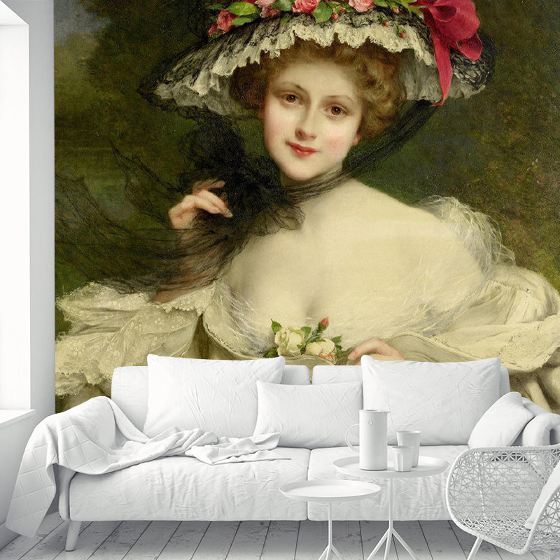 Beige Antique Wall Mural Decal Customized Size Elegant Girl Wall Decor for Living Room Beige Clearhalo 'Wall Decor' 'Wall Mural' 1150596