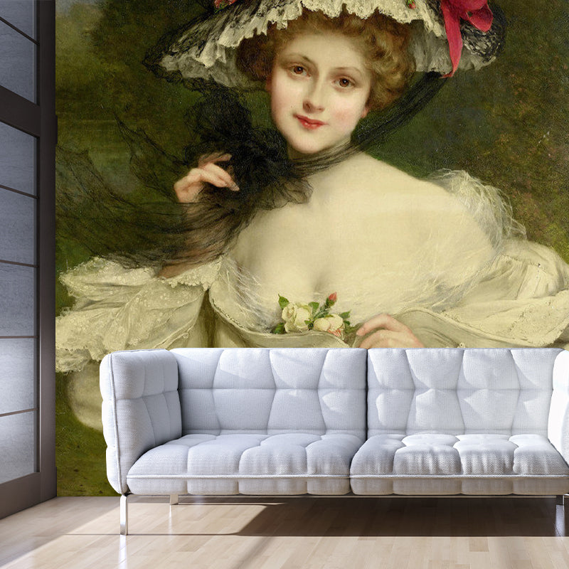 Beige Antique Wall Mural Decal Customized Size Elegant Girl Wall Decor for Living Room Clearhalo 'Wall Decor' 'Wall Mural' 1150597