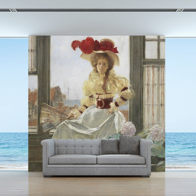 Blossoms and Lady Wall Covering for Bedroom Mid-Century Mural, Personalized Size Available Clearhalo 'Wall Decor' 'Wall Mural' 1150607