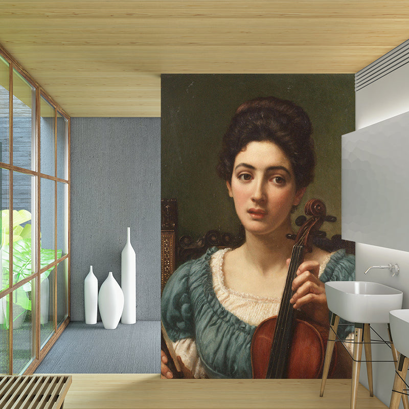 Whole Victorian Style Mural Wallpaper Blue and Brown Woman with Violin Portrait Wall Covering Blue-Brown Clearhalo 'Wall Decor' 'Wall Mural' 1150798