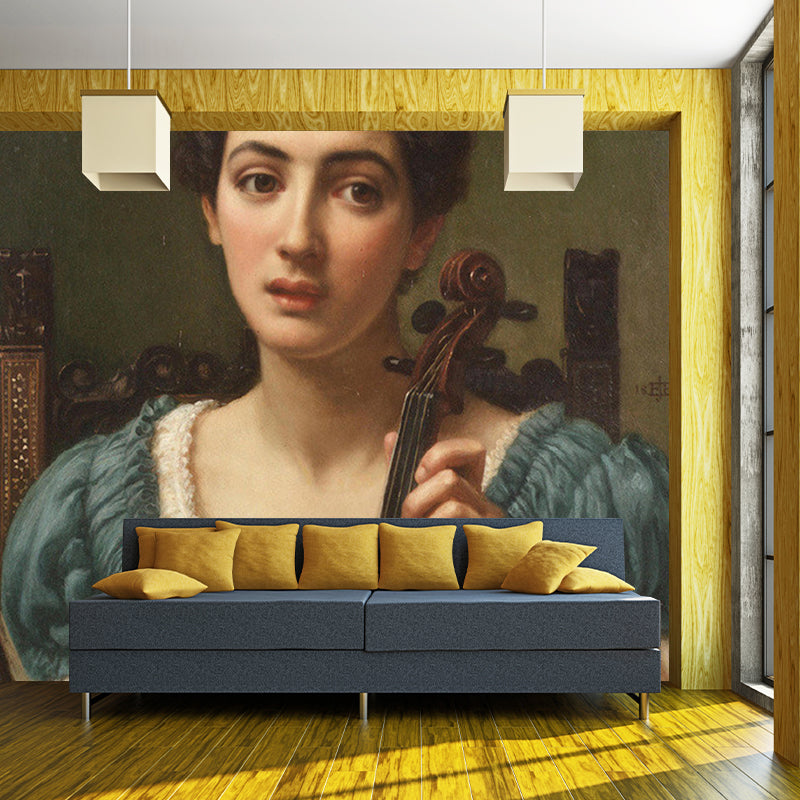 Whole Victorian Style Mural Wallpaper Blue and Brown Woman with Violin Portrait Wall Covering Clearhalo 'Wall Decor' 'Wall Mural' 1150799