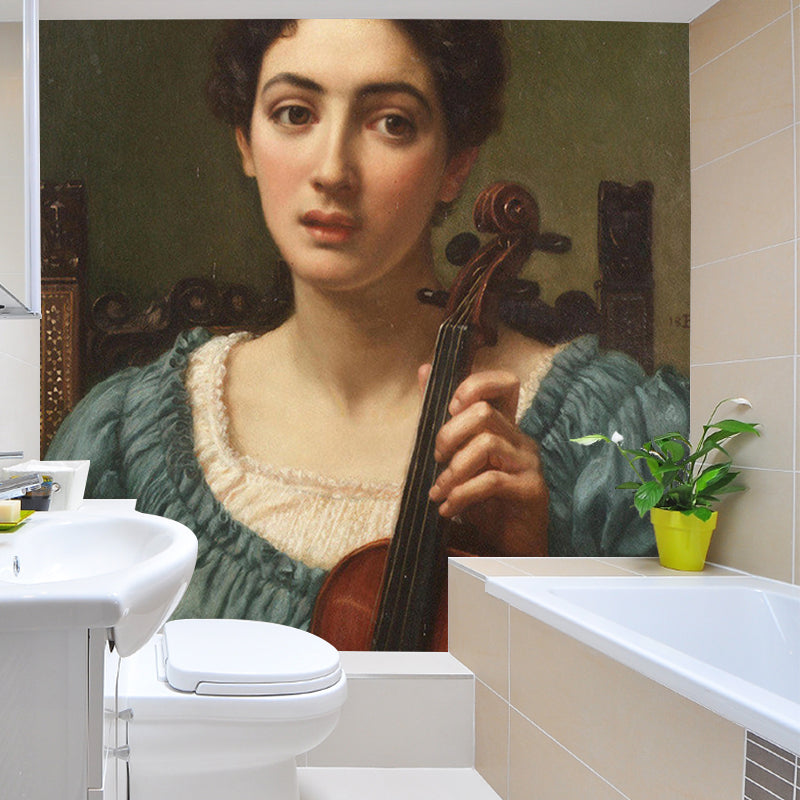 Whole Victorian Style Mural Wallpaper Blue and Brown Woman with Violin Portrait Wall Covering Clearhalo 'Wall Decor' 'Wall Mural' 1150800