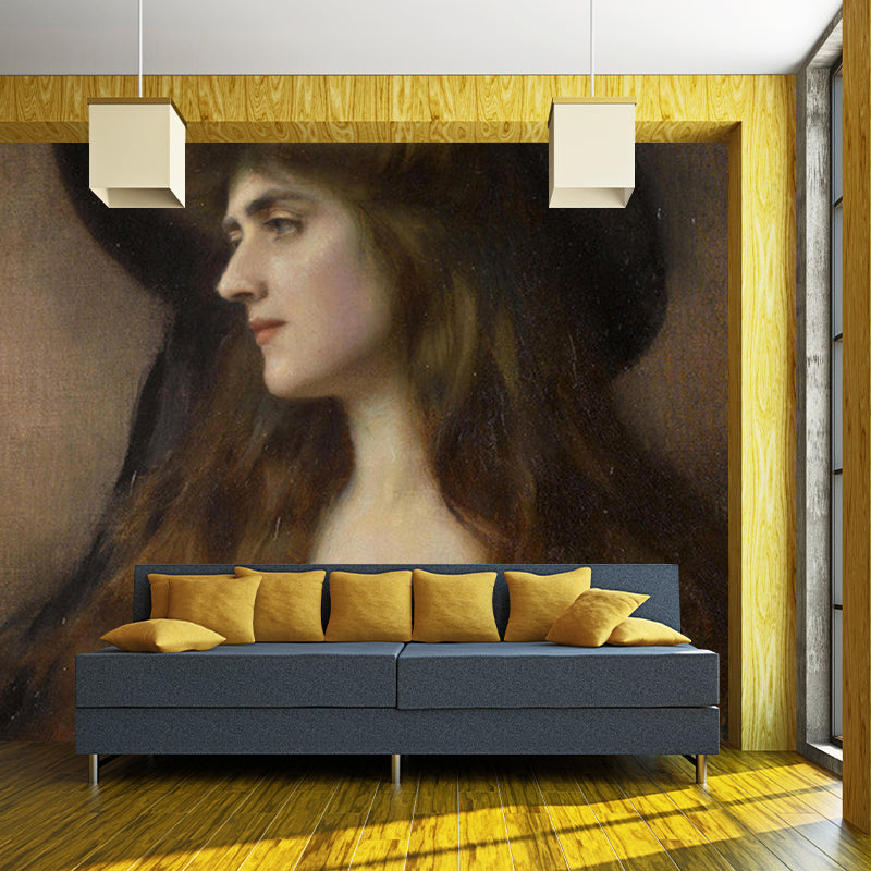 Whole Side Face Woman Murals Brown Non-Woven Wall Covering with Stain Proof Design Brown Clearhalo 'Wall Decor' 'Wall Mural' 1150888