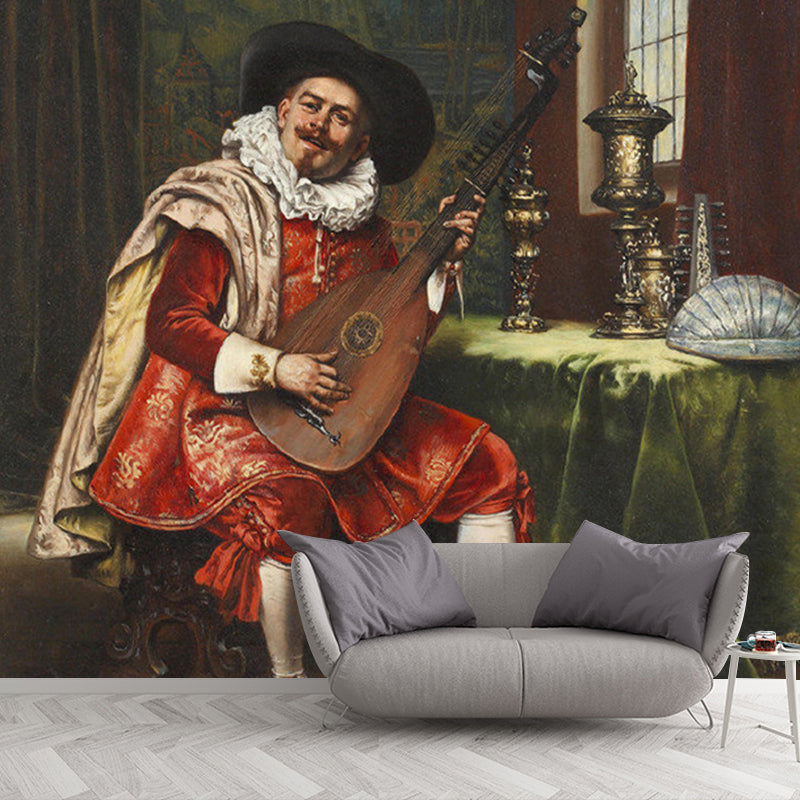 Vintage Duke Playing Guitar Mural Red-Green Dining Room Wall Art with Stain Resistant Design Clearhalo 'Wall Decor' 'Wall Mural' 1151009