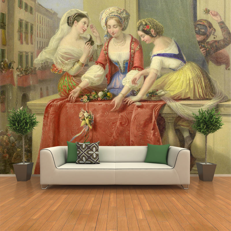 Big Illustration Retro Wall Mural for Accent Wall with Balcony and Ladies Design in Orange and Yellow Orange-Yellow Clearhalo 'Wall Decor' 'Wall Mural' 1151426