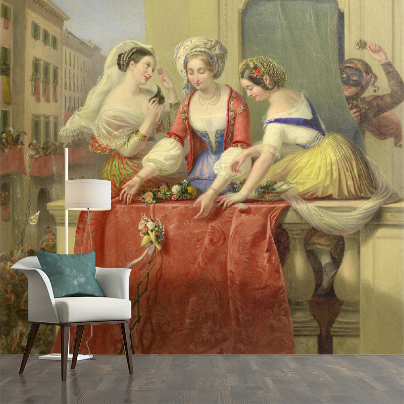 Big Illustration Retro Wall Mural for Accent Wall with Balcony and Ladies Design in Orange and Yellow Clearhalo 'Wall Decor' 'Wall Mural' 1151428