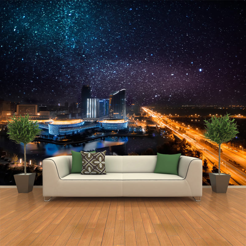 Starry City Wall Mural Decal for Home Decoration, Yellow and Blue, Custom Size Available Clearhalo 'Wall Decor' 'Wall Mural' 1151557