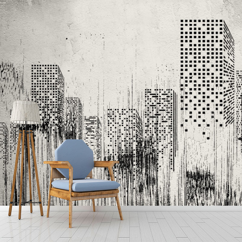 Big Urban Buildings Mural Wallpaper in Grey Non-Woven Material Wall Covering for Home Decor, Custom-Printed Clearhalo 'Wall Decor' 'Wall Mural' 1151602