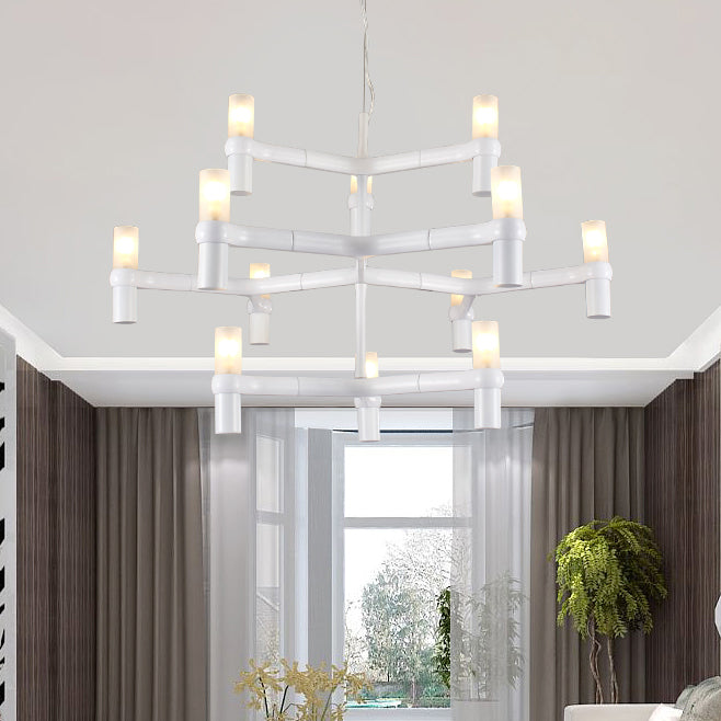 Black/White Crown Hanging Chandelier Light Modern 12 Lights Metallic Hanging Lamp with Frosted Glass Cylinder Shade White Clearhalo 'Ceiling Lights' 'Chandeliers' 'Modern Chandeliers' 'Modern' Lighting' 115340