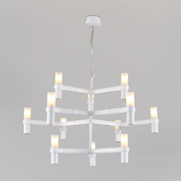 Black/White Crown Hanging Chandelier Light Modern 12 Lights Metallic Hanging Lamp with Frosted Glass Cylinder Shade Clearhalo 'Ceiling Lights' 'Chandeliers' 'Modern Chandeliers' 'Modern' Lighting' 115342