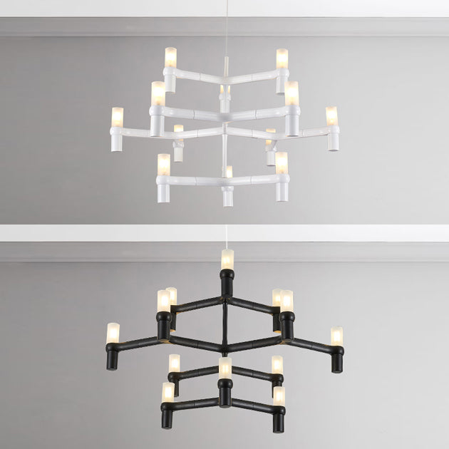 Black/White Crown Hanging Chandelier Light Modern 12 Lights Metallic Hanging Lamp with Frosted Glass Cylinder Shade Clearhalo 'Ceiling Lights' 'Chandeliers' 'Modern Chandeliers' 'Modern' Lighting' 115343