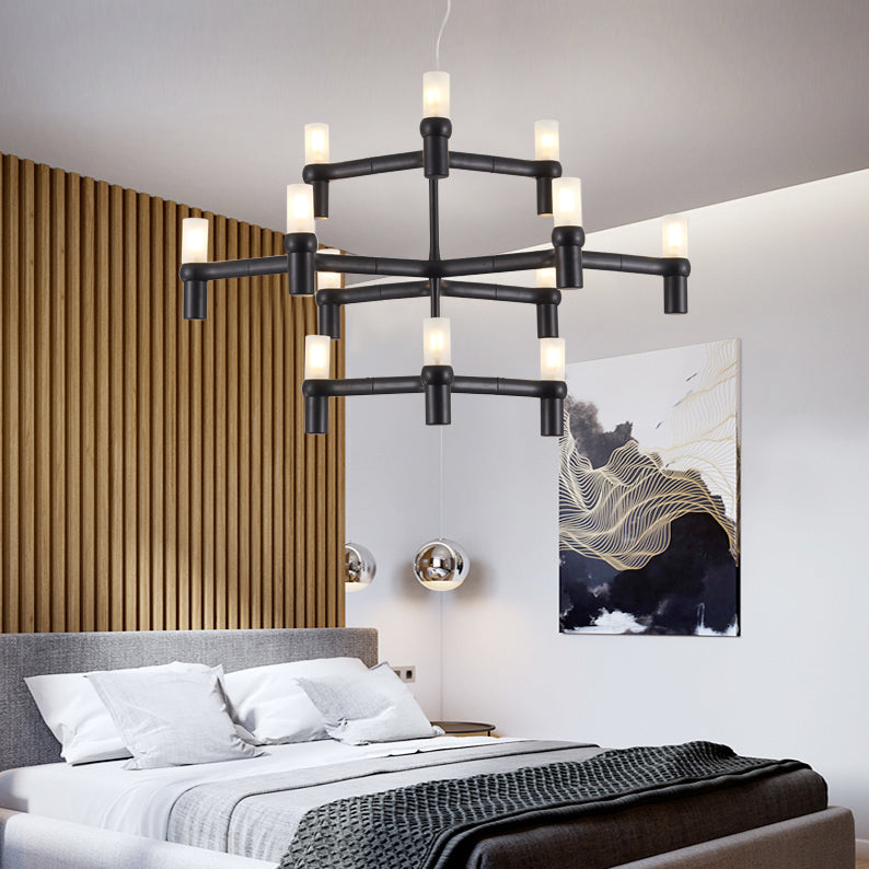 Black/White Crown Hanging Chandelier Light Modern 12 Lights Metallic Hanging Lamp with Frosted Glass Cylinder Shade Black Clearhalo 'Ceiling Lights' 'Chandeliers' 'Modern Chandeliers' 'Modern' Lighting' 115344