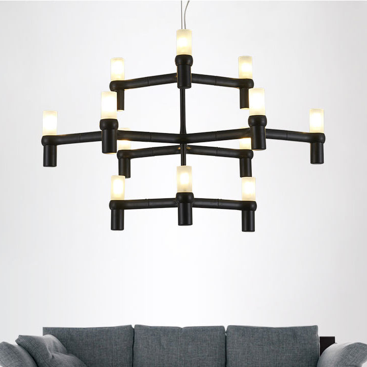 Black/White Crown Hanging Chandelier Light Modern 12 Lights Metallic Hanging Lamp with Frosted Glass Cylinder Shade Clearhalo 'Ceiling Lights' 'Chandeliers' 'Modern Chandeliers' 'Modern' Lighting' 115345