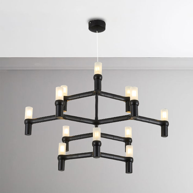 Black/White Crown Hanging Chandelier Light Modern 12 Lights Metallic Hanging Lamp with Frosted Glass Cylinder Shade Clearhalo 'Ceiling Lights' 'Chandeliers' 'Modern Chandeliers' 'Modern' Lighting' 115346