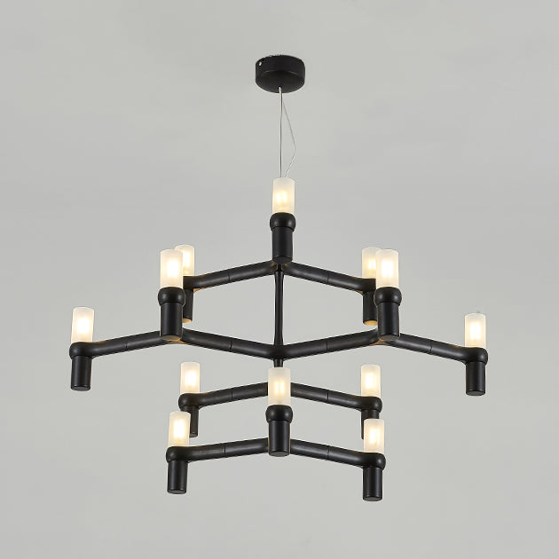 Black/White Crown Hanging Chandelier Light Modern 12 Lights Metallic Hanging Lamp with Frosted Glass Cylinder Shade Clearhalo 'Ceiling Lights' 'Chandeliers' 'Modern Chandeliers' 'Modern' Lighting' 115347