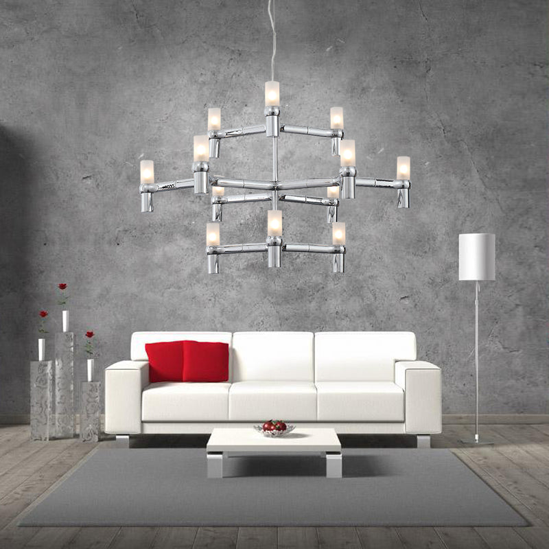 Black/White Crown Hanging Chandelier Light Modern 12 Lights Metallic Hanging Lamp with Frosted Glass Cylinder Shade Chrome Clearhalo 'Ceiling Lights' 'Chandeliers' 'Modern Chandeliers' 'Modern' Lighting' 115348