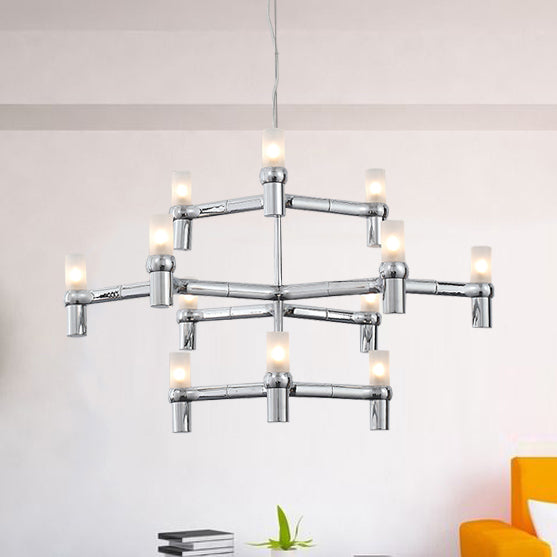 Black/White Crown Hanging Chandelier Light Modern 12 Lights Metallic Hanging Lamp with Frosted Glass Cylinder Shade Clearhalo 'Ceiling Lights' 'Chandeliers' 'Modern Chandeliers' 'Modern' Lighting' 115349