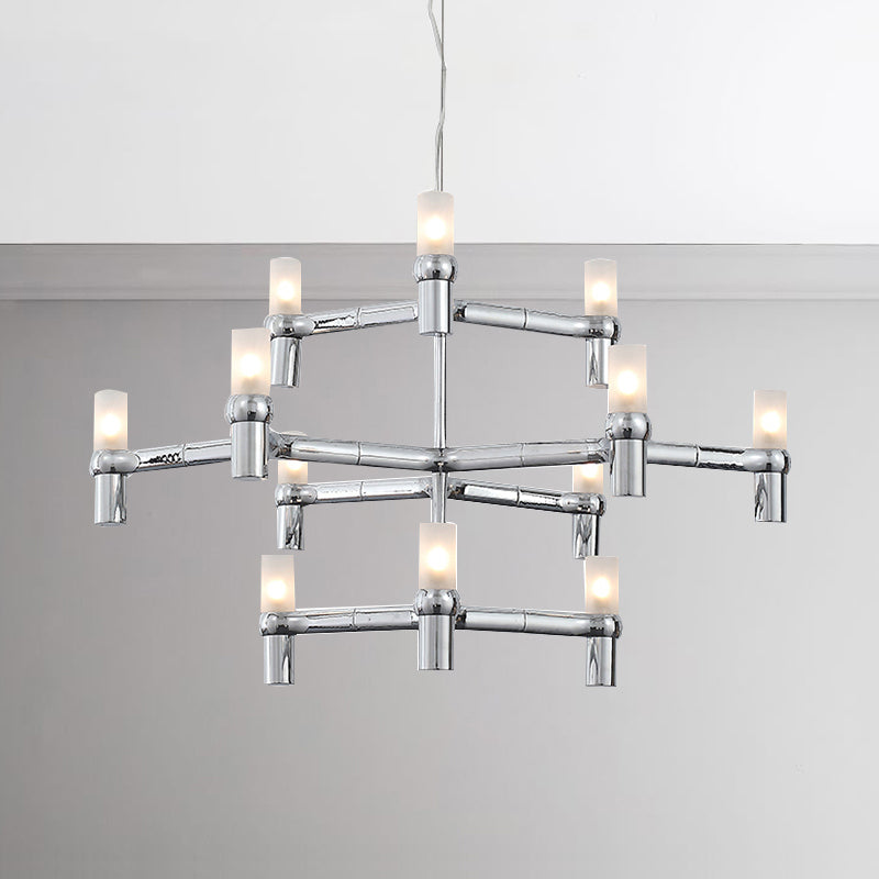 Black/White Crown Hanging Chandelier Light Modern 12 Lights Metallic Hanging Lamp with Frosted Glass Cylinder Shade Clearhalo 'Ceiling Lights' 'Chandeliers' 'Modern Chandeliers' 'Modern' Lighting' 115350