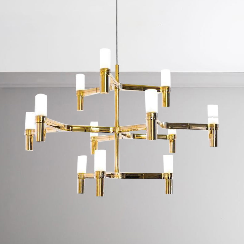 Black/White Crown Hanging Chandelier Light Modern 12 Lights Metallic Hanging Lamp with Frosted Glass Cylinder Shade Gold Clearhalo 'Ceiling Lights' 'Chandeliers' 'Modern Chandeliers' 'Modern' Lighting' 115351