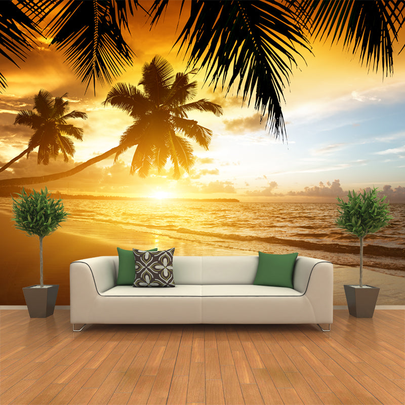 Tropical Sunset at Beach Murals Brown Stain Resistant Wall Covering for Home Decor Brown Clearhalo 'Wall Decor' 'Wall Mural' 1154256