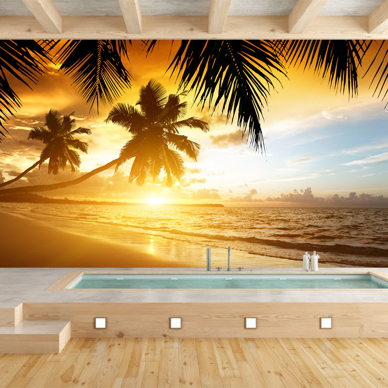 Tropical Sunset at Beach Murals Brown Stain Resistant Wall Covering for Home Decor Clearhalo 'Wall Decor' 'Wall Mural' 1154257