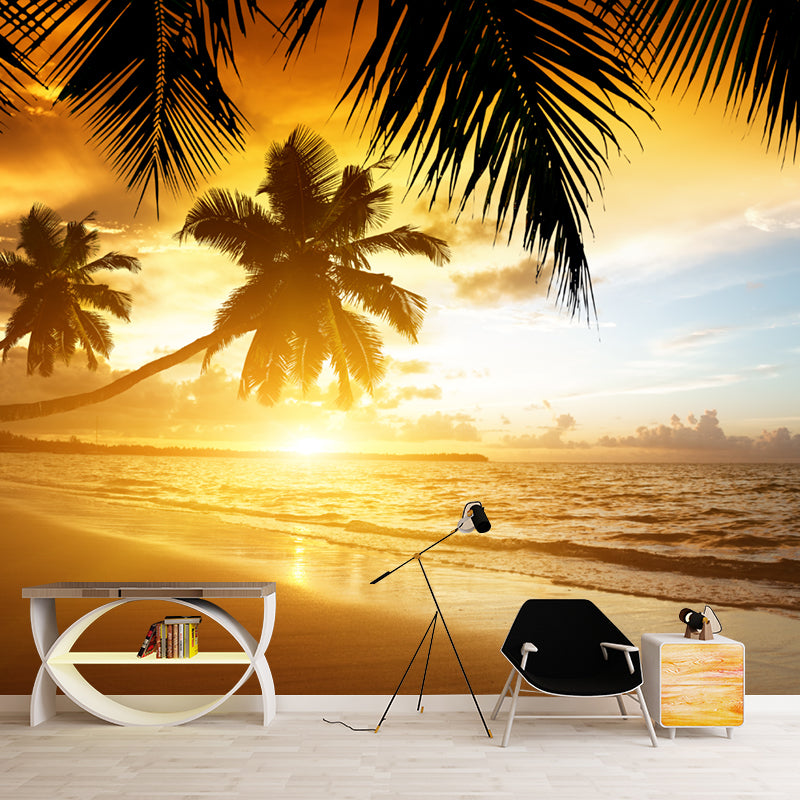 Tropical Sunset at Beach Murals Brown Stain Resistant Wall Covering for Home Decor Clearhalo 'Wall Decor' 'Wall Mural' 1154258