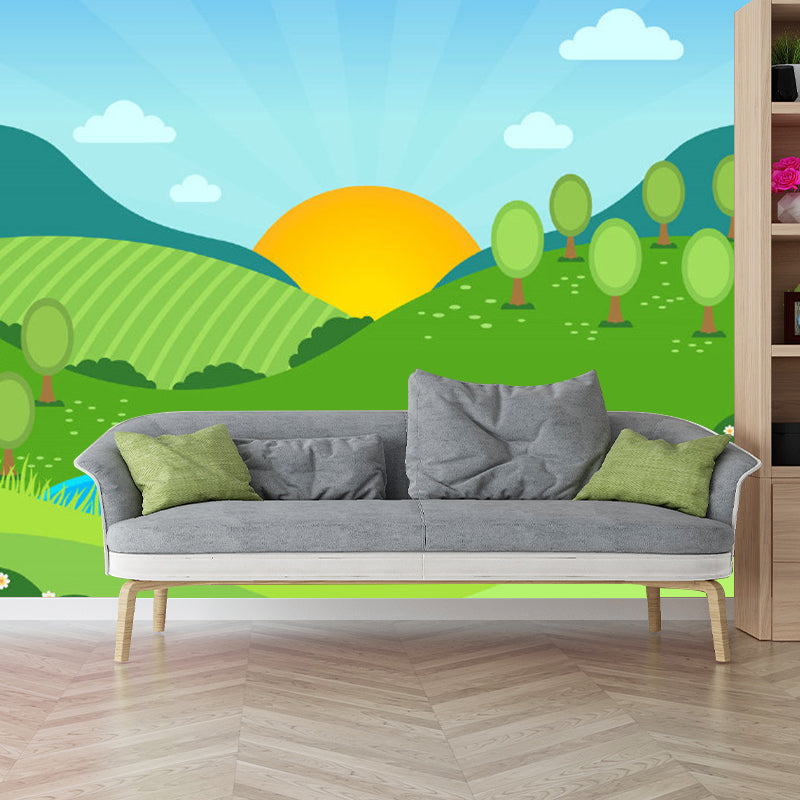 Full-Size Cartoon Murals Wallpaper Blue-Yellow-Green Sunrise at Hills Wall Art for Child Room Clearhalo 'Wall Decor' 'Wall Mural' 1154387