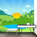 Full-Size Cartoon Murals Wallpaper Blue-Yellow-Green Sunrise at Hills Wall Art for Child Room Clearhalo 'Wall Decor' 'Wall Mural' 1154388