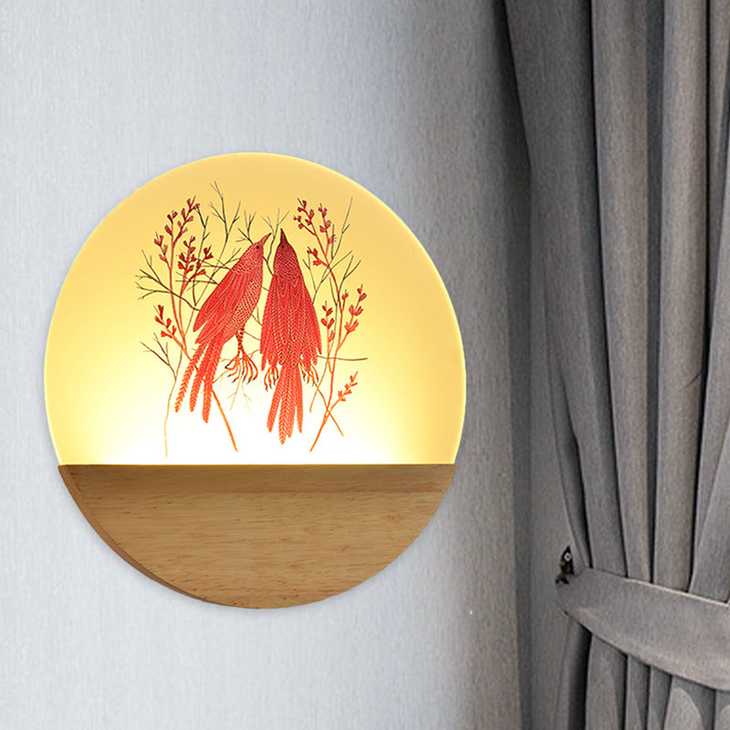 Wood Round Bird and Tree Mural Light Chinese Style LED Acrylic Wall Lighting Idea for Bedside Wood B Clearhalo 'Wall Lamps & Sconces' 'Wall Lights' Lighting' 1155239