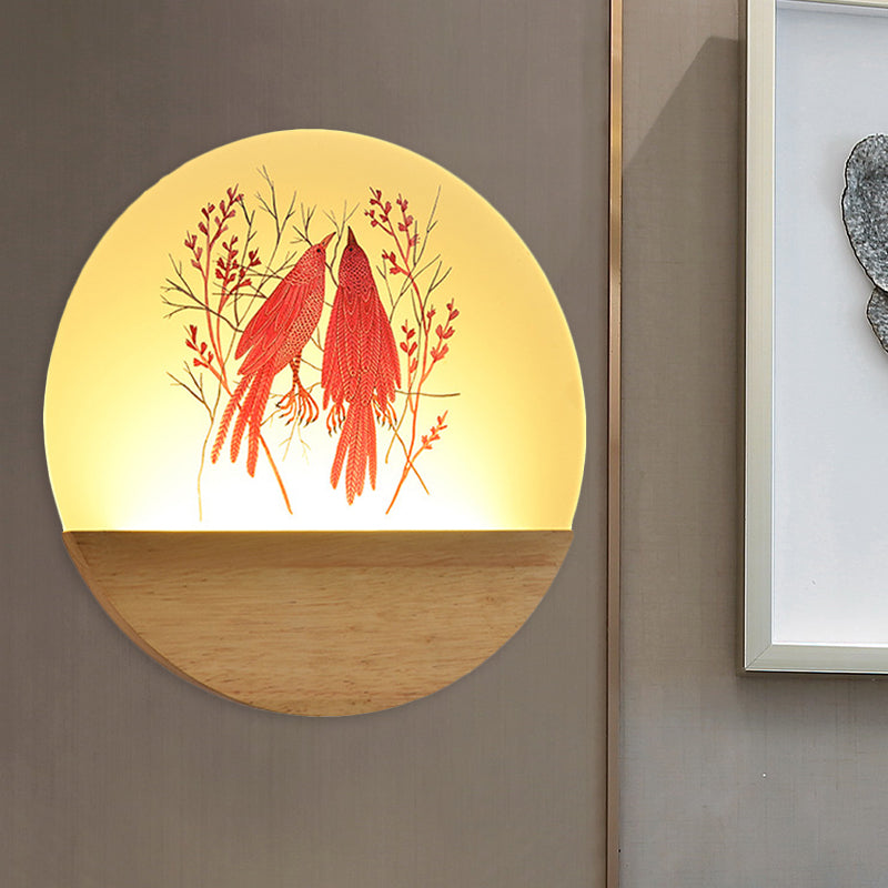 Wood Round Bird and Tree Mural Light Chinese Style LED Acrylic Wall Lighting Idea for Bedside Clearhalo 'Wall Lamps & Sconces' 'Wall Lights' Lighting' 1155240