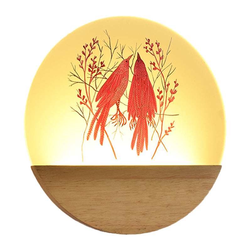 Wood Round Bird and Tree Mural Light Chinese Style LED Acrylic Wall Lighting Idea for Bedside Clearhalo 'Wall Lamps & Sconces' 'Wall Lights' Lighting' 1155241