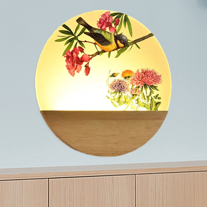 Wood Round Bird and Tree Mural Light Chinese Style LED Acrylic Wall Lighting Idea for Bedside Wood A Clearhalo 'Wall Lamps & Sconces' 'Wall Lights' Lighting' 1155243