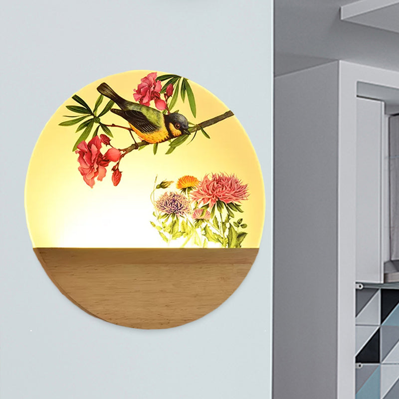 Wood Round Bird and Tree Mural Light Chinese Style LED Acrylic Wall Lighting Idea for Bedside Clearhalo 'Wall Lamps & Sconces' 'Wall Lights' Lighting' 1155244