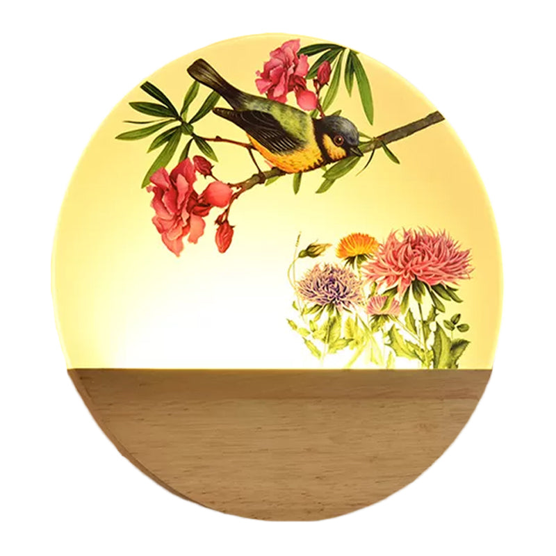 Wood Round Bird and Tree Mural Light Chinese Style LED Acrylic Wall Lighting Idea for Bedside Clearhalo 'Wall Lamps & Sconces' 'Wall Lights' Lighting' 1155246