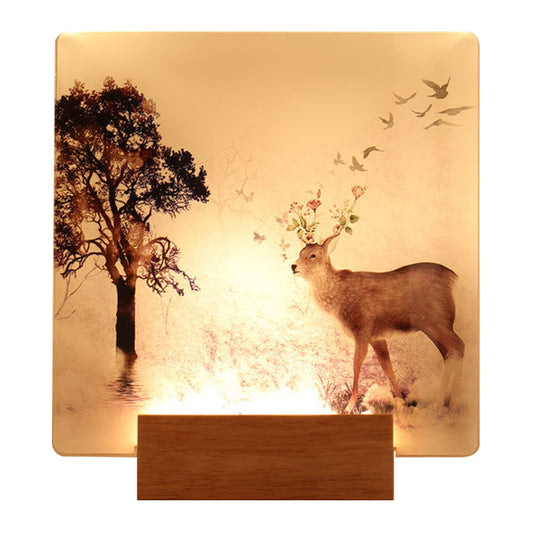 Square Hallway Wall Mounted Lighting Acrylic LED Oriental Wall Mural Light in Brown with Deer and Tree Pattern Clearhalo 'Wall Lamps & Sconces' 'Wall Lights' Lighting' 1155256