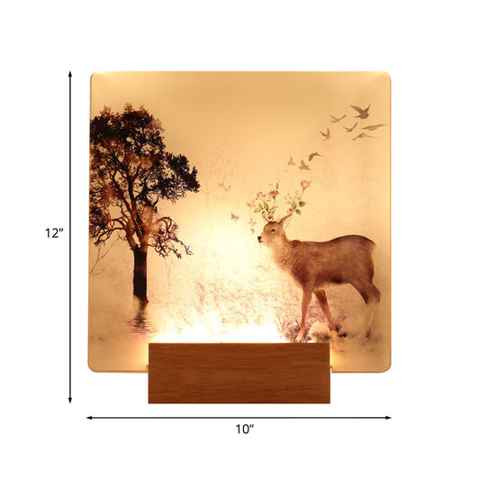 Square Hallway Wall Mounted Lighting Acrylic LED Oriental Wall Mural Light in Brown with Deer and Tree Pattern Clearhalo 'Wall Lamps & Sconces' 'Wall Lights' Lighting' 1155257